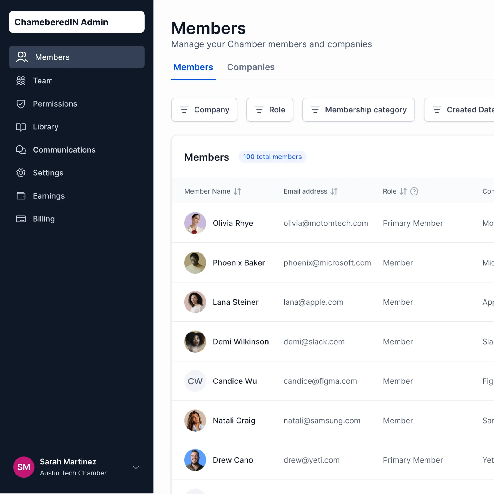 ChamberedIn members table showing member records and statuses